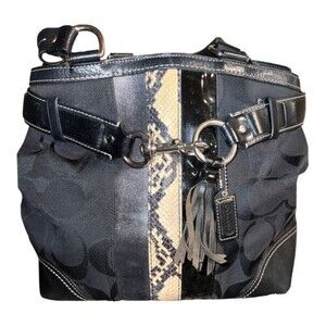 Coach Handbag Hamptons Python Stripe shoulder bag Canvas Leather Black purse Y2K